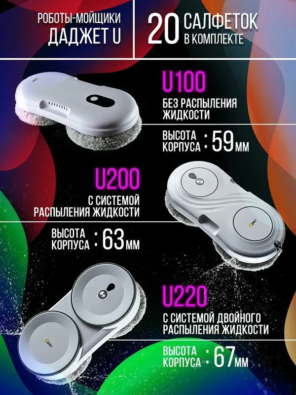 Робот мойщик окон Даджет U100 тонкий со сменными салфетками 20 шт. — фото 1