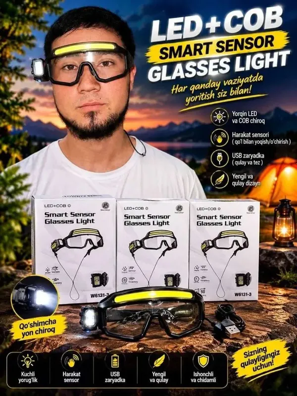 Защитные очки с LED COB Smart Sensor и фонариком 2