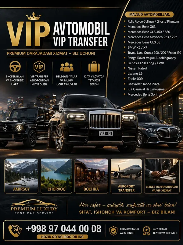 Прокат авто Автопрокат VIP Avtomobil Ijarasi | VIP Transfer | Premium — фото 1 Прокат авто Автопрокат VIP Avtomobil Ijarasi | VIP Transfer | Premium — фото 1