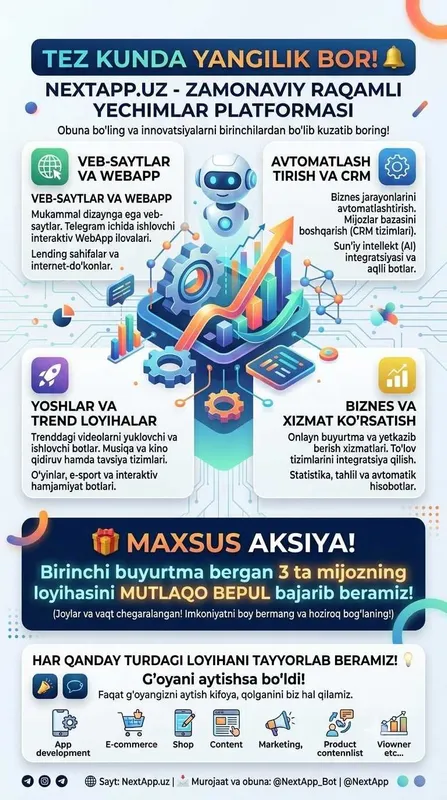 Dasturlash xizmatlari web, telegram bot, mini app, apk Dasturlash xizmatlari web, telegram bot, mini app, apk
