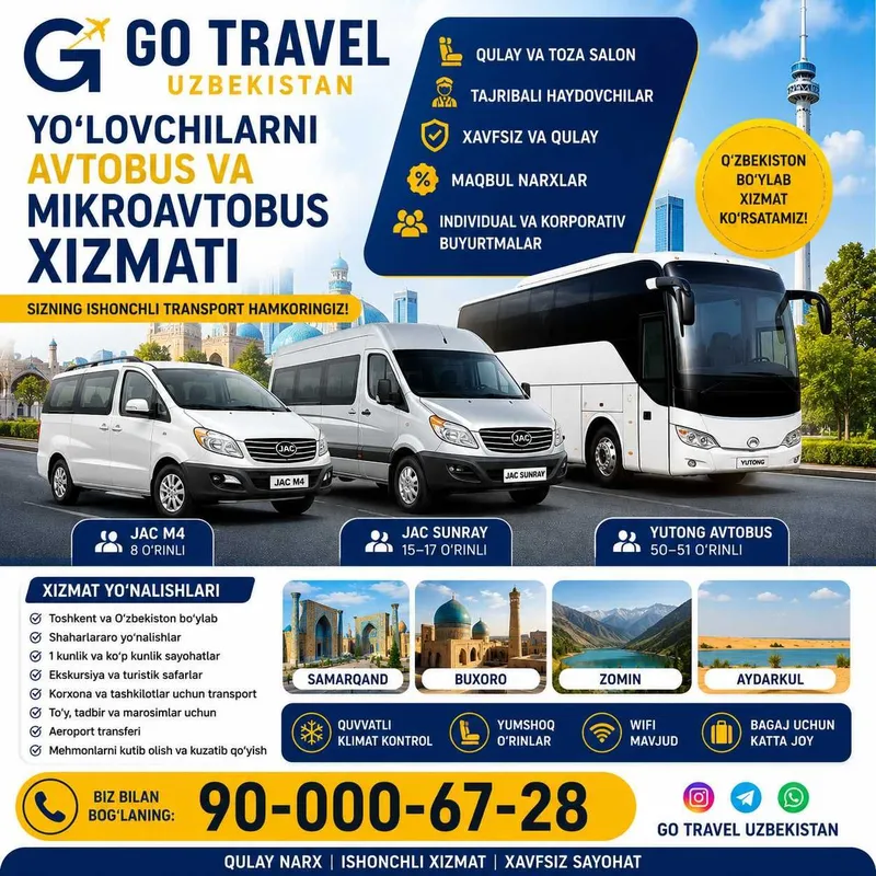 Yo'lovchi tashish Avtobus va Mikroavtobus xizmati. Arenda avtobus 1
