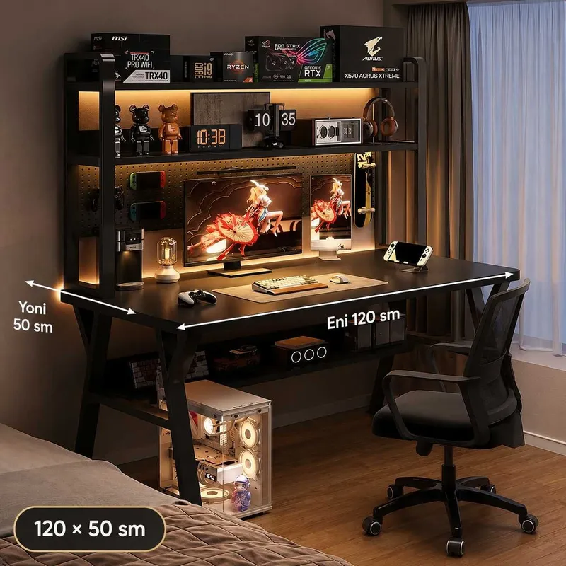 Gaming stol LED polkali kompyuter uchun 100/120/140x50 sm qora versiya — фото 2
