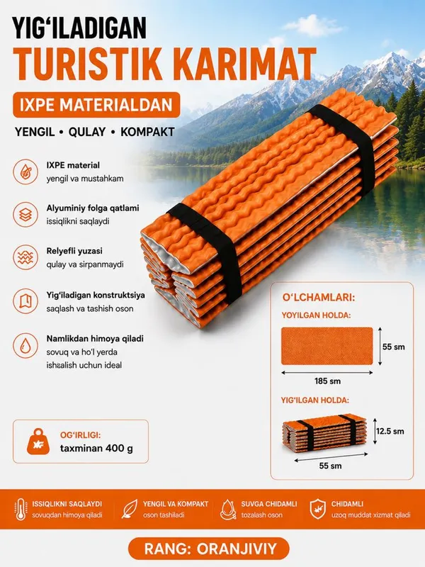 Yig‘iladigan turist karimati IXPE 185×55 sm | Kemping va piknik uchun 2 Yig‘iladigan turist karimati IXPE 185×55 sm | Kemping va piknik uchun 2