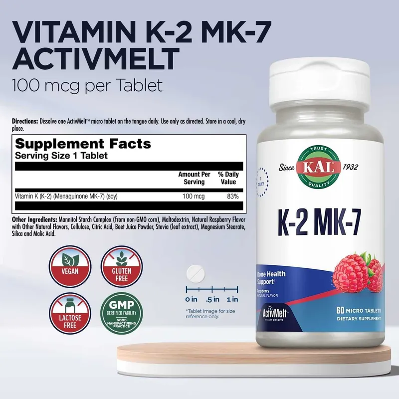 Веганский Витамин K2 MK7, KAL Vitamin K2 MK7 ActivMelt 100 mcg 60шт — фото 1