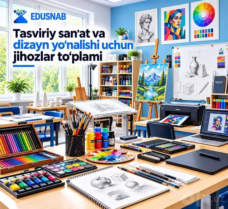 Tasviriy san'at xonasi jihozlari - Molbert, bo'yoq, rassomlik stoli 1 Tasviriy san'at xonasi jihozlari - Molbert, bo'yoq, rassomlik stoli 1