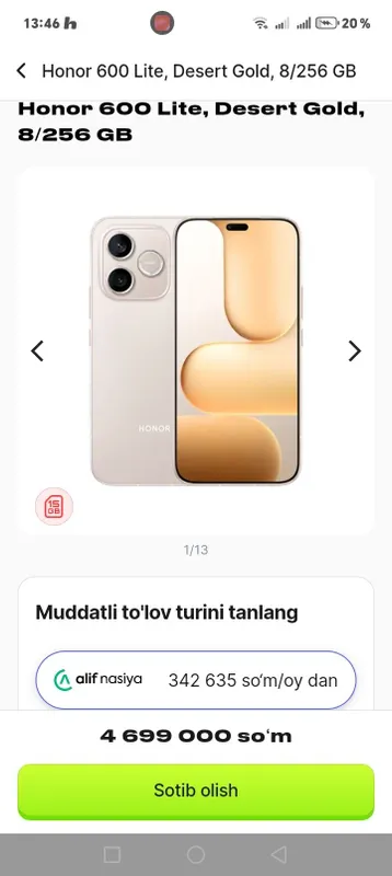 Honor 600 lite gold 8/256 yangi plomba.