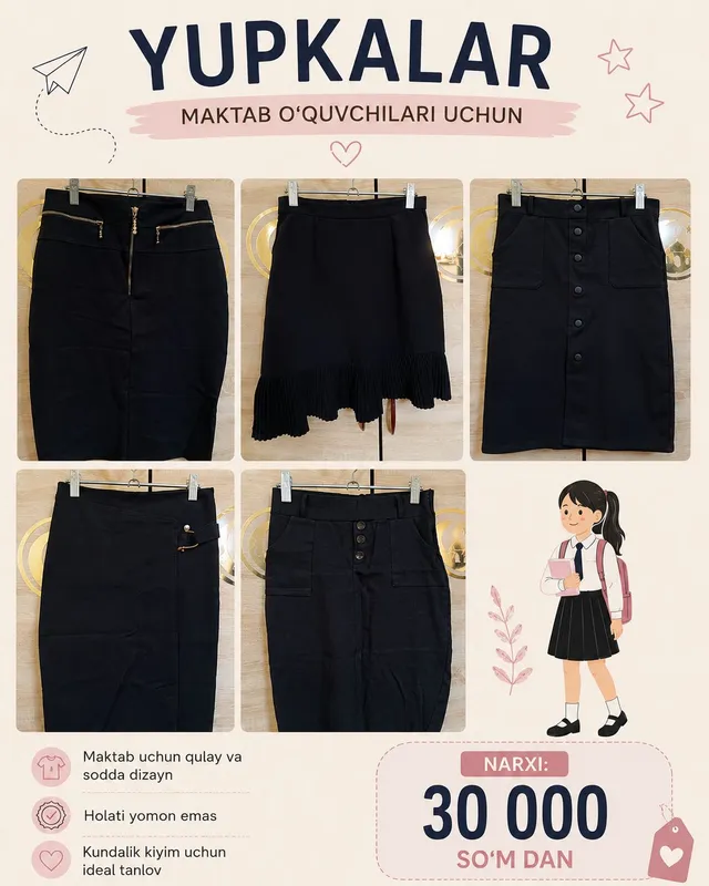 maktab oʻquvchilari uchun yupkalar 30 mingdan