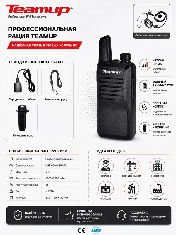 Рация Teamup T2, мини радиостанция, 16 каналов 1
