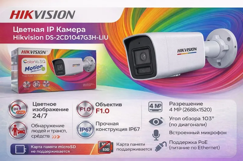 Hikvision Ip kamera ColorVu 24/7 цветной DS-2CD1047G3H-LIU