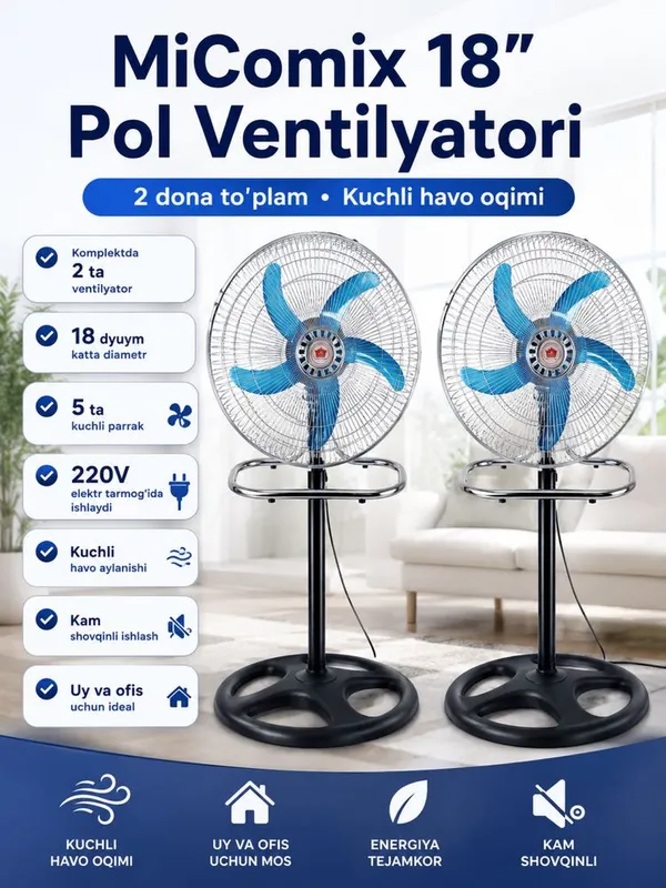 Pol ventilyatori, karobkasida 2 dona, 5 parrakli, kuchli havo oqimi 1 Pol ventilyatori, karobkasida 2 dona, 5 parrakli, kuchli havo oqimi 1