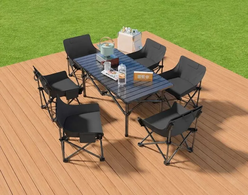 Turistik stol va 6 stul to‘plami yig‘ma qora piknik uchun 120x55x50 cm