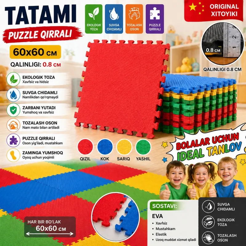 Bolalar uchun tatami (puzzle pol) 60x60 sm | EVA | Xavfsiz va yumshoq