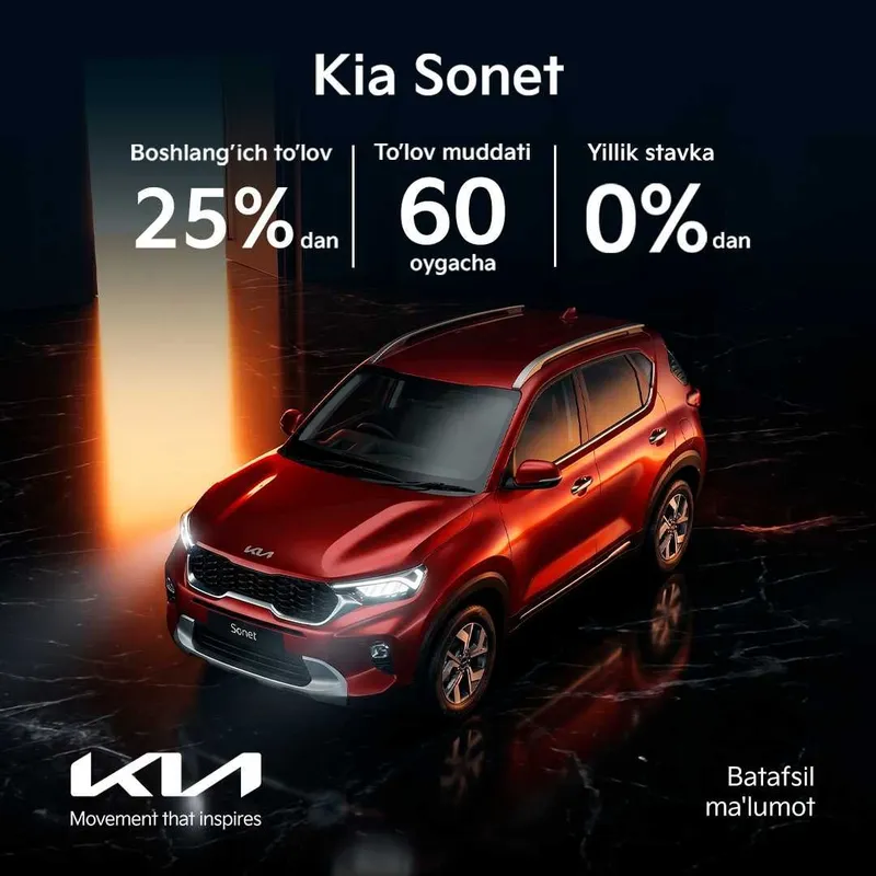 Kia Sonet| Muddatli to`lov | 60 oygacha | Kia Yakkasaroy DM