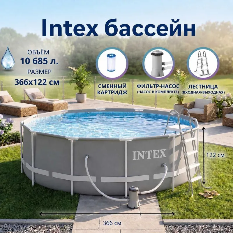 Intex 3.66х1.22 каркасный бассейн+ фильтр насос лестница,10685 литр