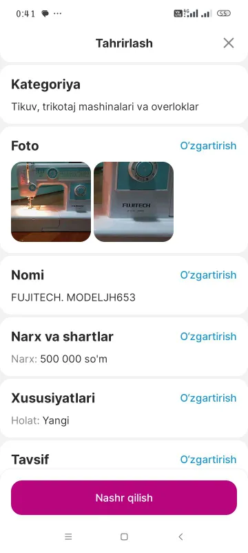 Tikish mashinka sotiladi