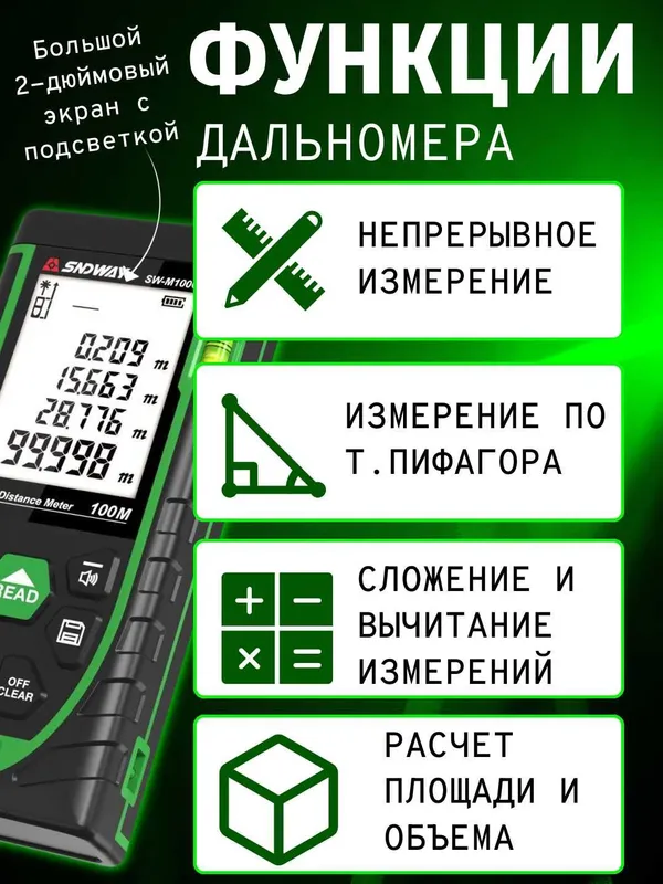 Дальномер лазерный SNDWAY SW-M50G/100G 50/100 метров. Зеленый луч. — фото 5