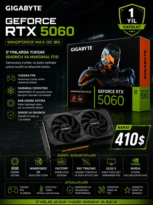 GIGABYTE GeForce RTX 5060 Windforce OC 8GB GDDR6 GIGABYTE GeForce RTX 5060 Windforce OC 8GB GDDR6