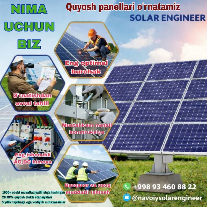 ҚУЁШ ПАНЕЛЛАРИ ЎРНАТАМИЗ! Уйингиз ёки бизнесингиз учун энергия мустақ ҚУЁШ ПАНЕЛЛАРИ ЎРНАТАМИЗ! Уйингиз ёки бизнесингиз учун энергия мустақ