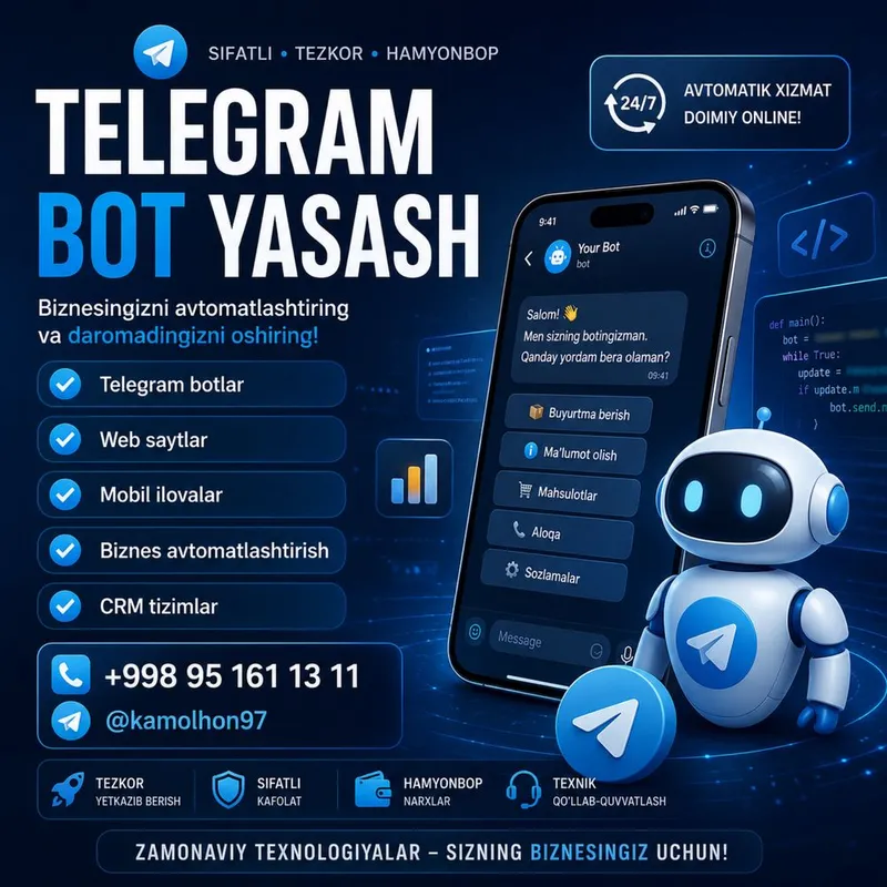 Telegram bot yasab beramiz barcha bizneslar uchun