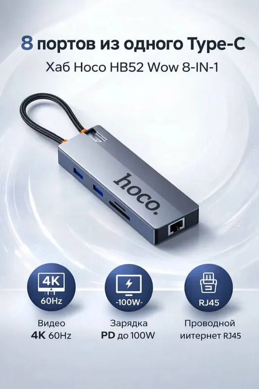 USB-C Хаб HOCO HB52 Wow 8 в 1, HDMI 4K 60Hz, RJ45, PD 100W — фото 2
