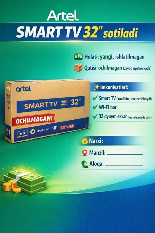 Artel Smart TV 32" sotiladi — фото 1 Artel Smart TV 32" sotiladi — фото 1