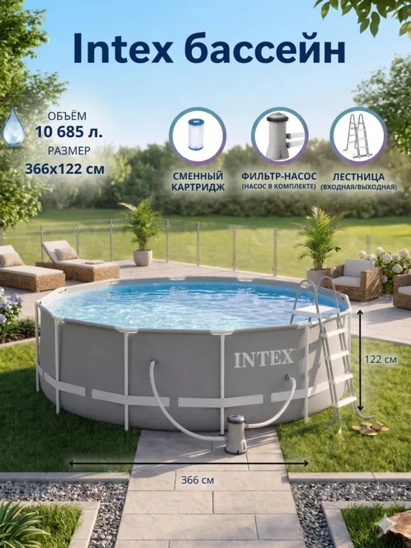 Intex basseyn 366x122 razmerli dumaloq karkasli basseyn