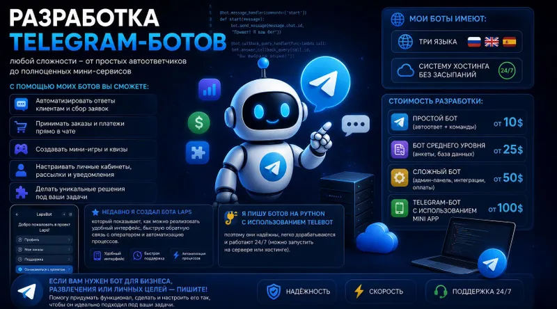 делаю телеграмм ботов любой сложности лучшые цены!