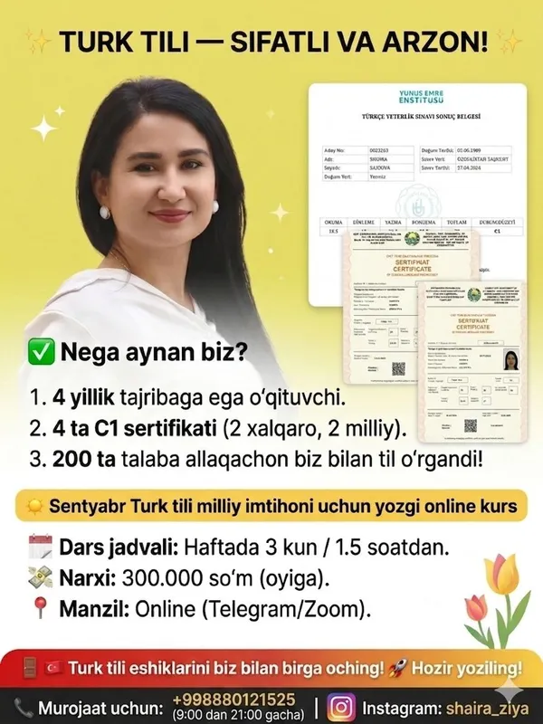 Turk tilini online 5ta C1 sertifikatiga ega tajribali ustoz bilan oʻrg 1 Turk tilini online 5ta C1 sertifikatiga ega tajribali ustoz bilan oʻrg 1