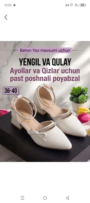 Ayollar va qzlar uchun yengil poshnali oyoq kiyim