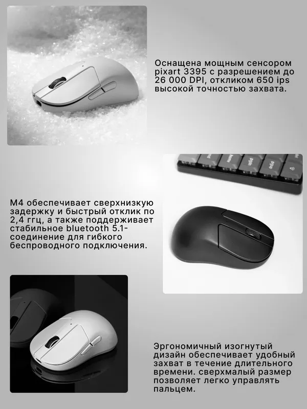 Игровая беспроводная мышка Keychron M4 BT/WL/USB-A/USB-C, 4K, 35г, PixArt 3395 — фото 2 Игровая беспроводная мышка Keychron M4 BT/WL/USB-A/USB-C, 4K, 35г, PixArt 3395 — фото 2