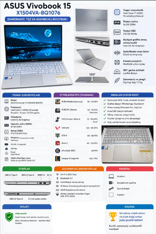 ASUS Vivobook 15 Core i7 16GB 512GB SSD 1