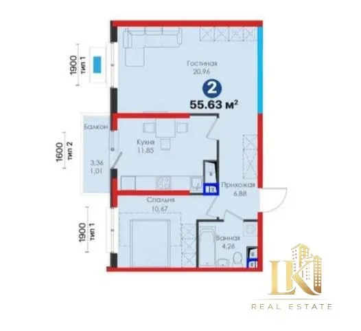 Продаётся 2-комнатная квартира в ЖК NRG Meros (56 м²), черновая отделка 3