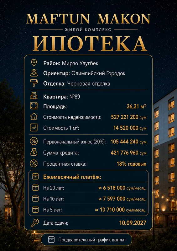 1-ком в Мирзо-Улугбек первоначальный взнос 105-Млн 1 1-ком в Мирзо-Улугбек первоначальный взнос 105-Млн 1