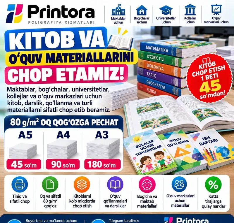 Kitob chop etish 45 so'mdan 2 Kitob chop etish 45 so'mdan 2