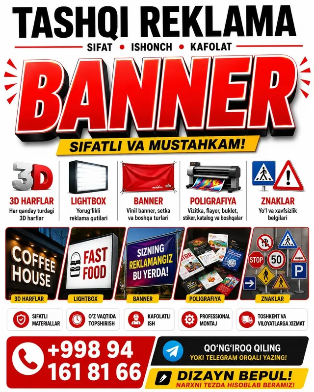 Banner | Tashqi Reklama 3D Harflar | Poligrafiya | Znaklar 1 Banner | Tashqi Reklama 3D Harflar | Poligrafiya | Znaklar 1
