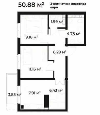 3-комнатная квартира, 51 м2, Мирабад 2