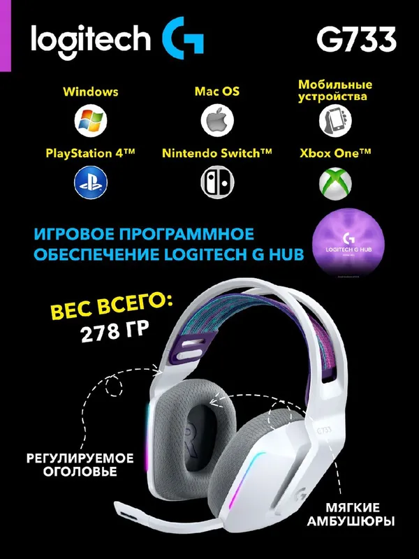 Игровые беспроводные наушники Logitech G733 LIGHTSPEED, до 29 часов работы, белый — фото 3