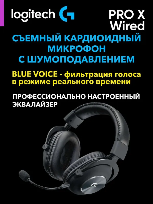 Игровые проводные наушники LOGITECH G PRO X Wired Gaming Headset Blue Mic с чехлом — Black — фото 1