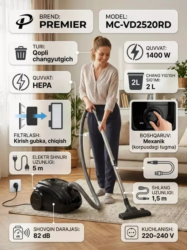 Пылесос, Premier 1400W 2L мешковый HEPA-фильтр 1 Пылесос, Premier 1400W 2L мешковый HEPA-фильтр 1