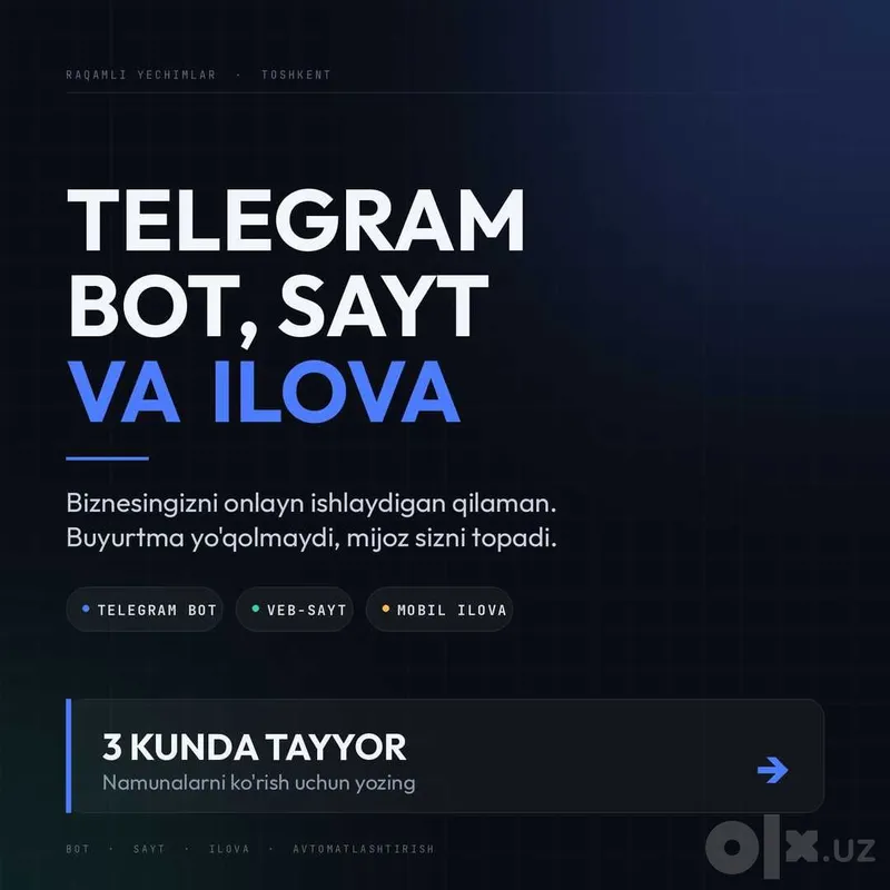 Biznes uchun sayt, Telegram bot va AI avtomatlashtirish 1 Biznes uchun sayt, Telegram bot va AI avtomatlashtirish 1