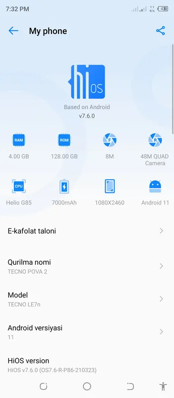 TECNO POVA 2 LE7n madel 4/128 lik igravoy rejimibo 9