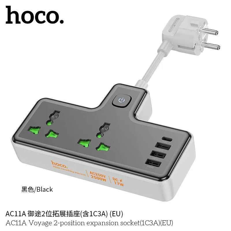Hoco AC11A Voyage Сетевой фильтр 2 розетками и USB-портами PD17W (EU) — фото 3