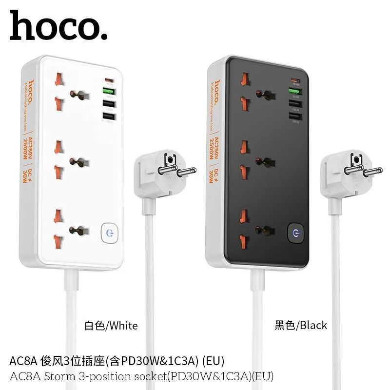 Hoco AC8A Storm Сетевой фильтр 3 розетками и USB-портами PD30W EU/GER — фото 1
