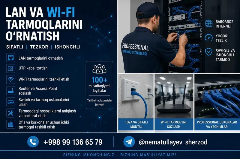 LAN va Wi-Fi tarmoqlarini o'rnatish | UTP kabel tortish | Router LAN va Wi-Fi tarmoqlarini o'rnatish | UTP kabel tortish | Router
