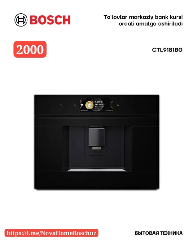 8-seriya O‘rnatiladigan avtomatik kofemashina Qora Bosch CTL9181B0