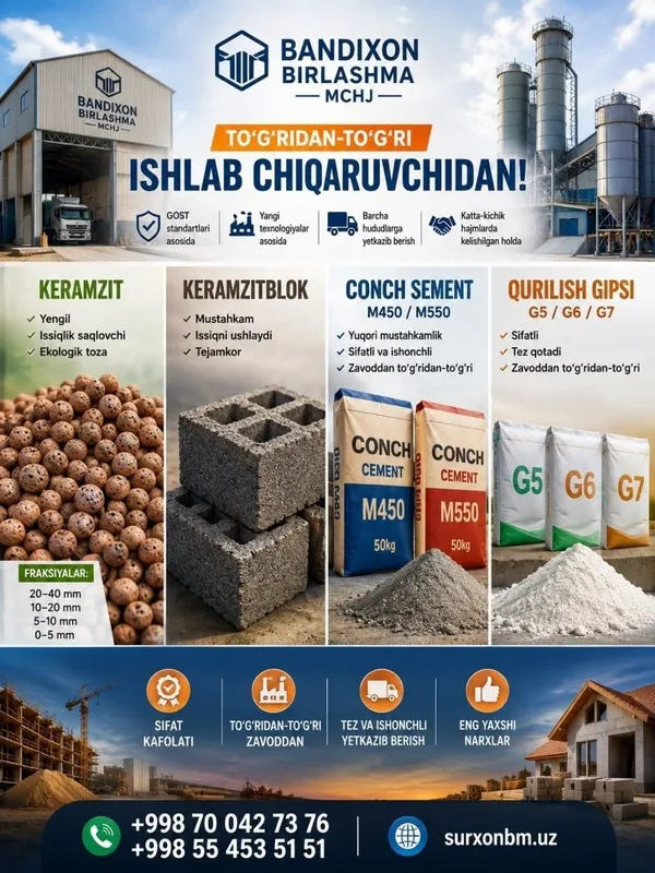 "Surxon Build Materials" korxonasidan ajoyib taklif! 1 "Surxon Build Materials" korxonasidan ajoyib taklif! 1