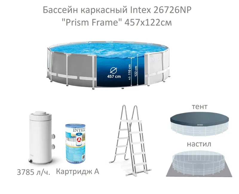 Каркасный бассейн "Intex Prism Frame" 457х122см, 26726, 16805 л 8 Каркасный бассейн "Intex Prism Frame" 457х122см, 26726, 16805 л 8