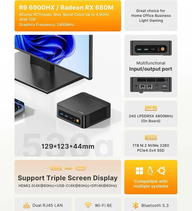 Mini PC Мини Пк BOSGAME P6 Ryzen 9 6900HX 24GB LPDDR5X 1TB PCIe4.0 7 Mini PC Мини Пк BOSGAME P6 Ryzen 9 6900HX 24GB LPDDR5X 1TB PCIe4.0 7