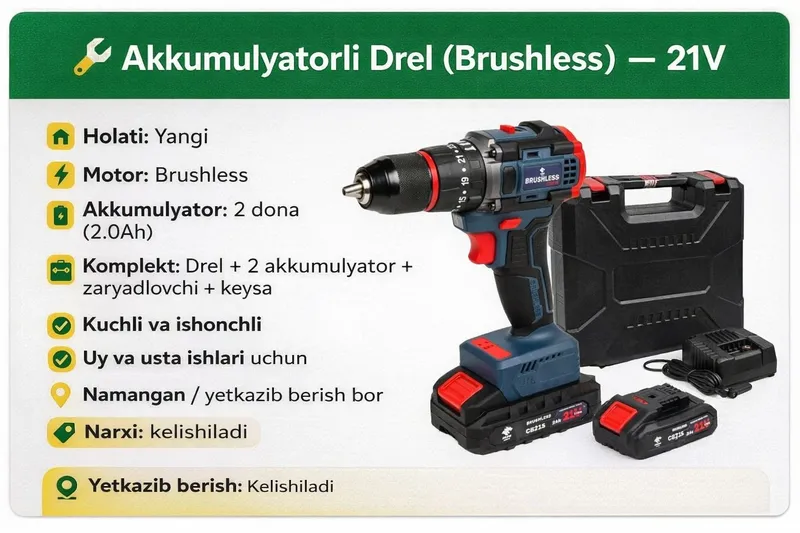 Akkumulyatorli Drel (Brushless) – 21V 1 Akkumulyatorli Drel (Brushless) – 21V 1