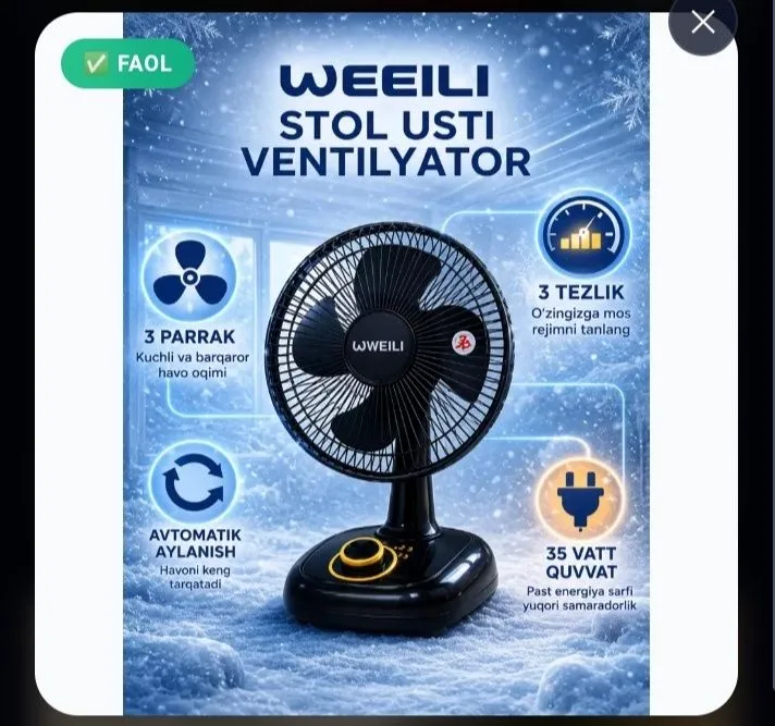WEILI stol usti ventilyatori 3 tezlik 250000 so'm — фото 1
